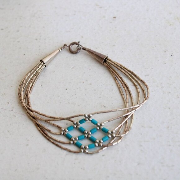 Vintage 1980s 1990s Bracelet, Turquoise Bead and Sterling Silver Native American - Picture 1 of 8